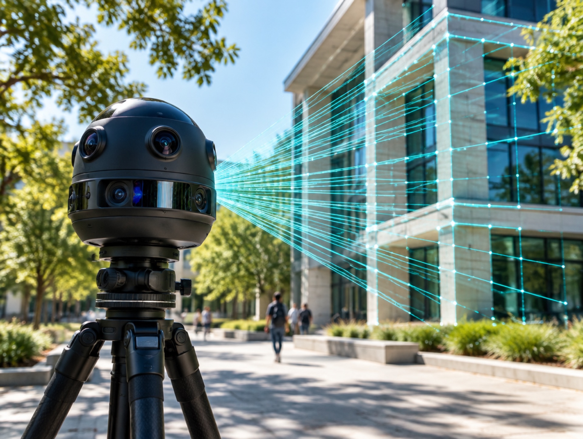 Cámara de escaneo 3D en trípode capturando la fachada de un edificio universitario a plena luz del día