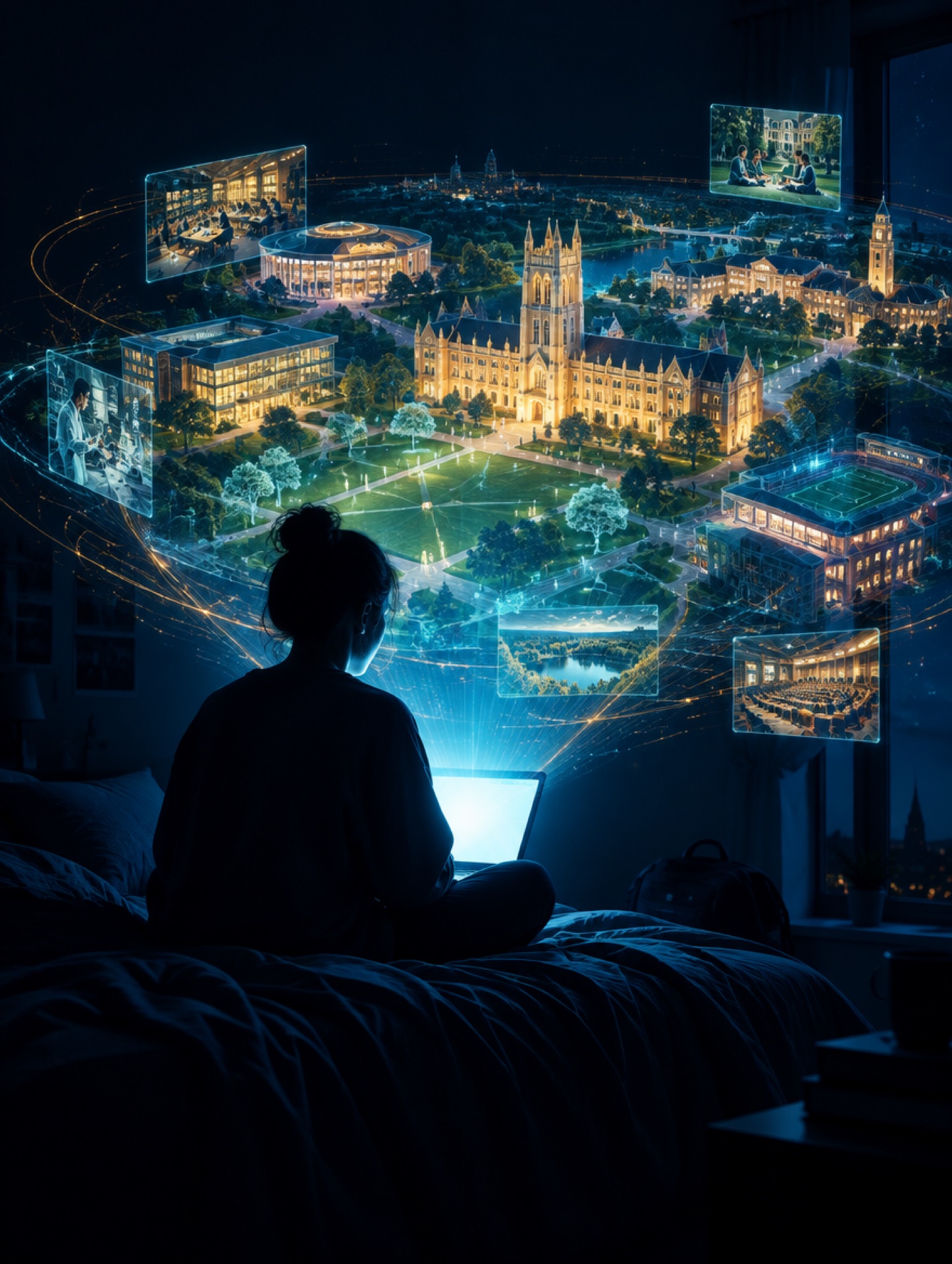 Una aspirante explora de noche, desde su laptop, un campus universitario holográfico